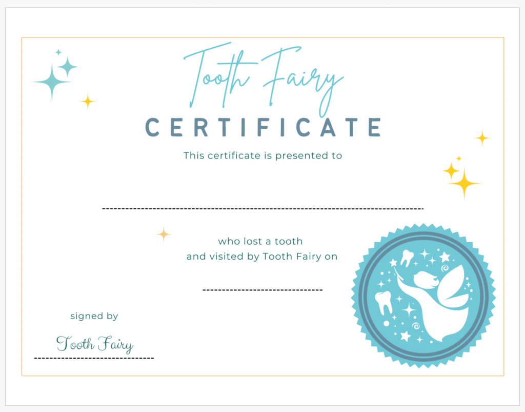 Tooth Fairy Certificate Lakes Area Pediatric Dentistry Michael 
