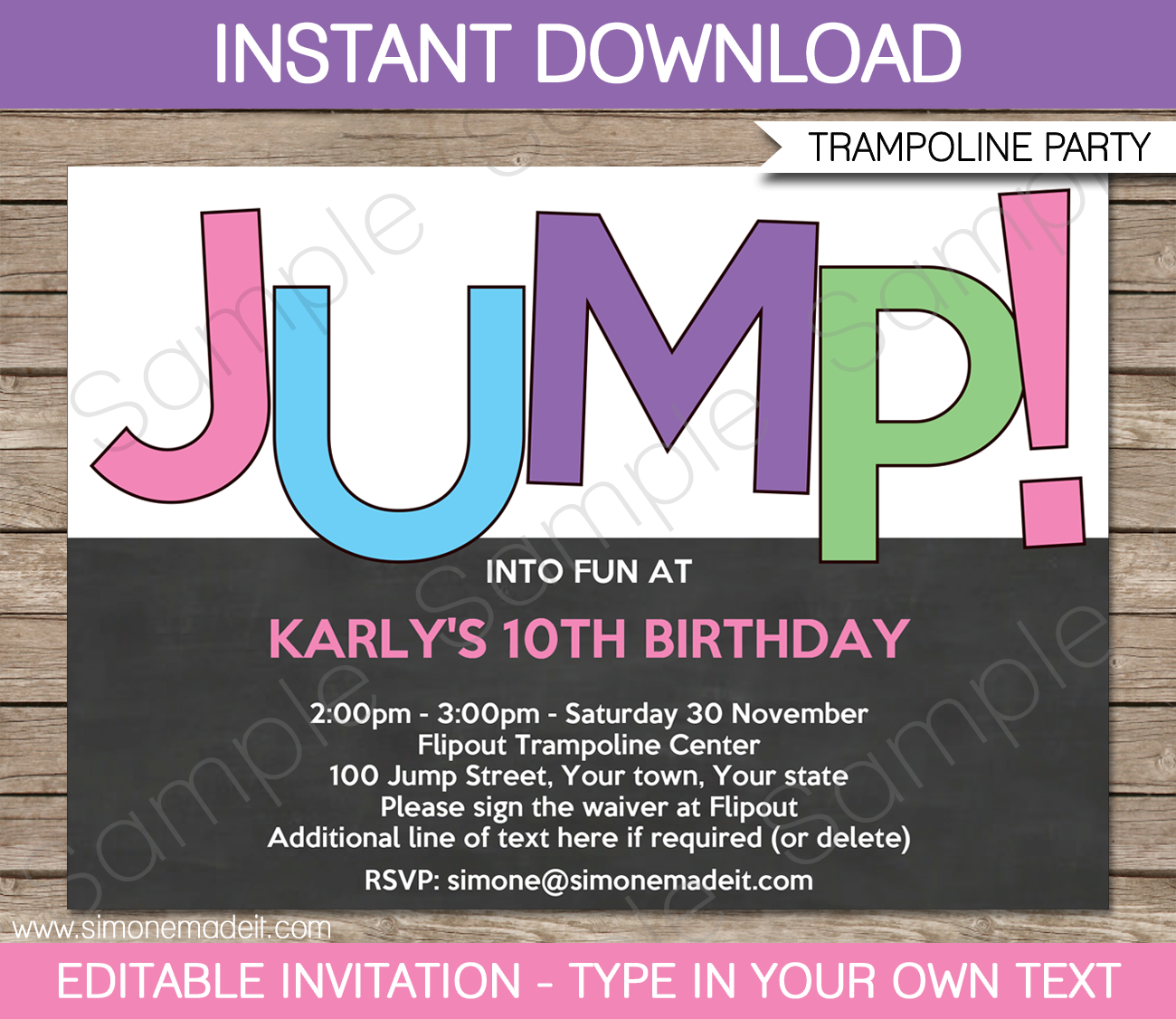Trampoline Birthday Party Invitations Template Girls