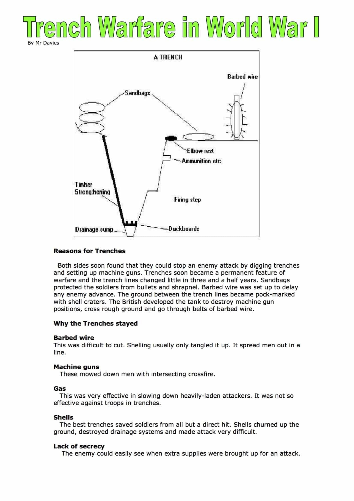 Trench Warfare In World War I Facts U0026 Information Worksheet