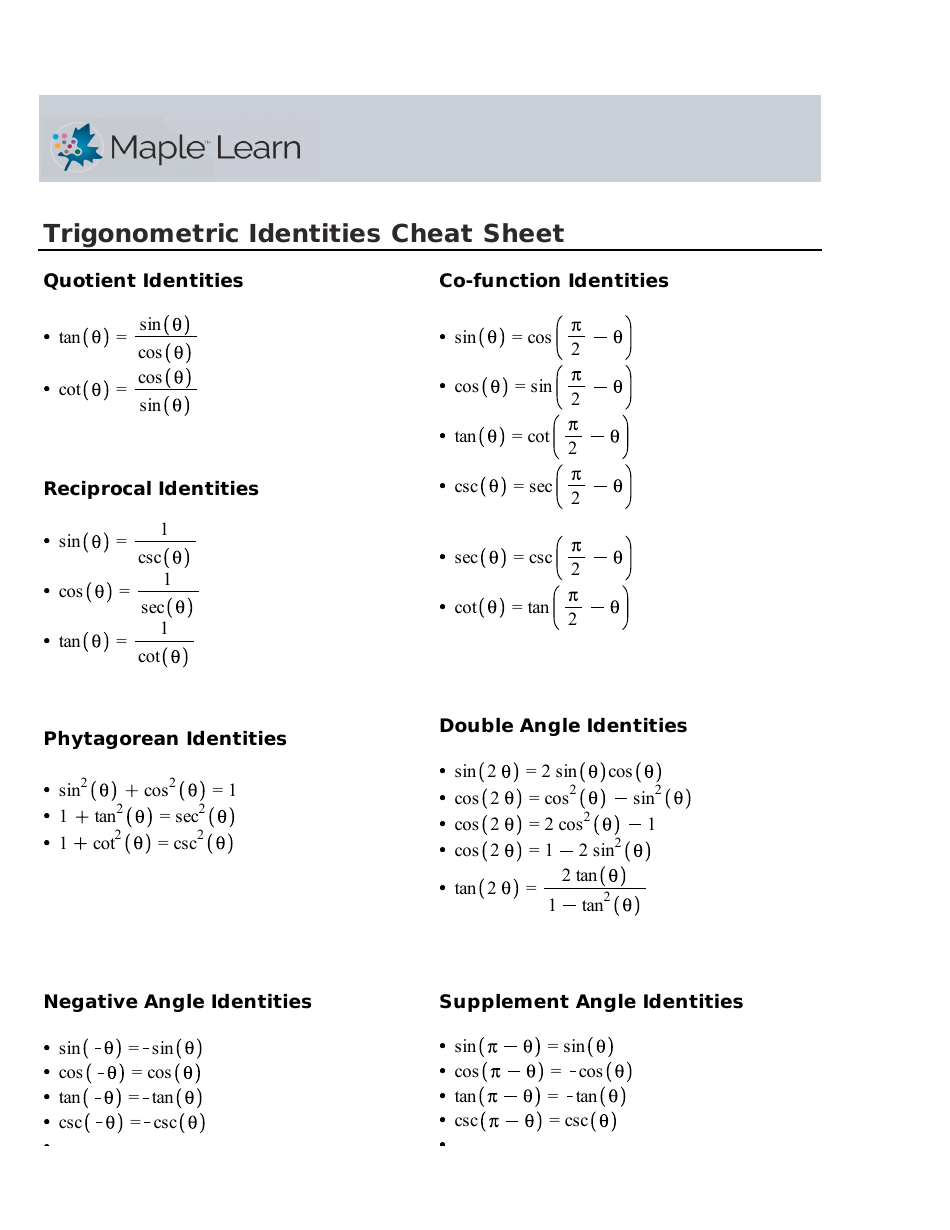 trigonometric identities printable sheet
