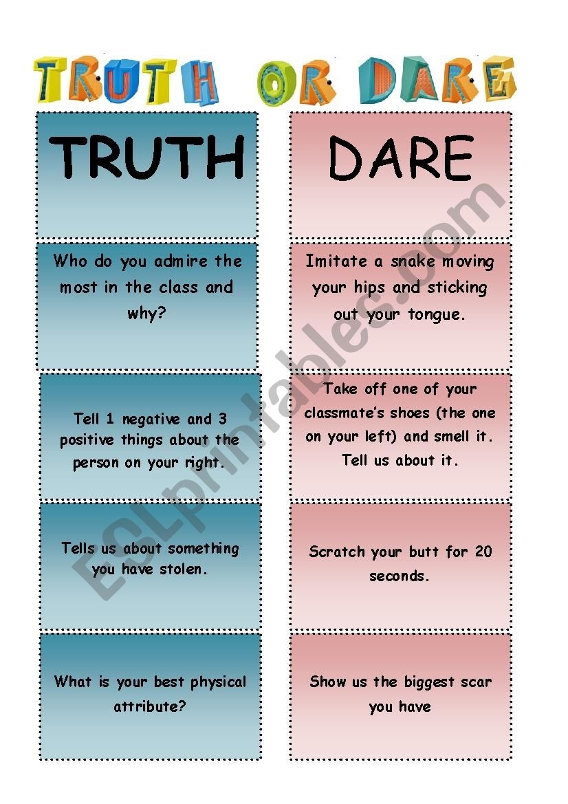 TRUTH OR DARE ESL Worksheet By Lilianamontoya13 TRUTH OR DARE ESL Worksheet By Lilianamontoya13