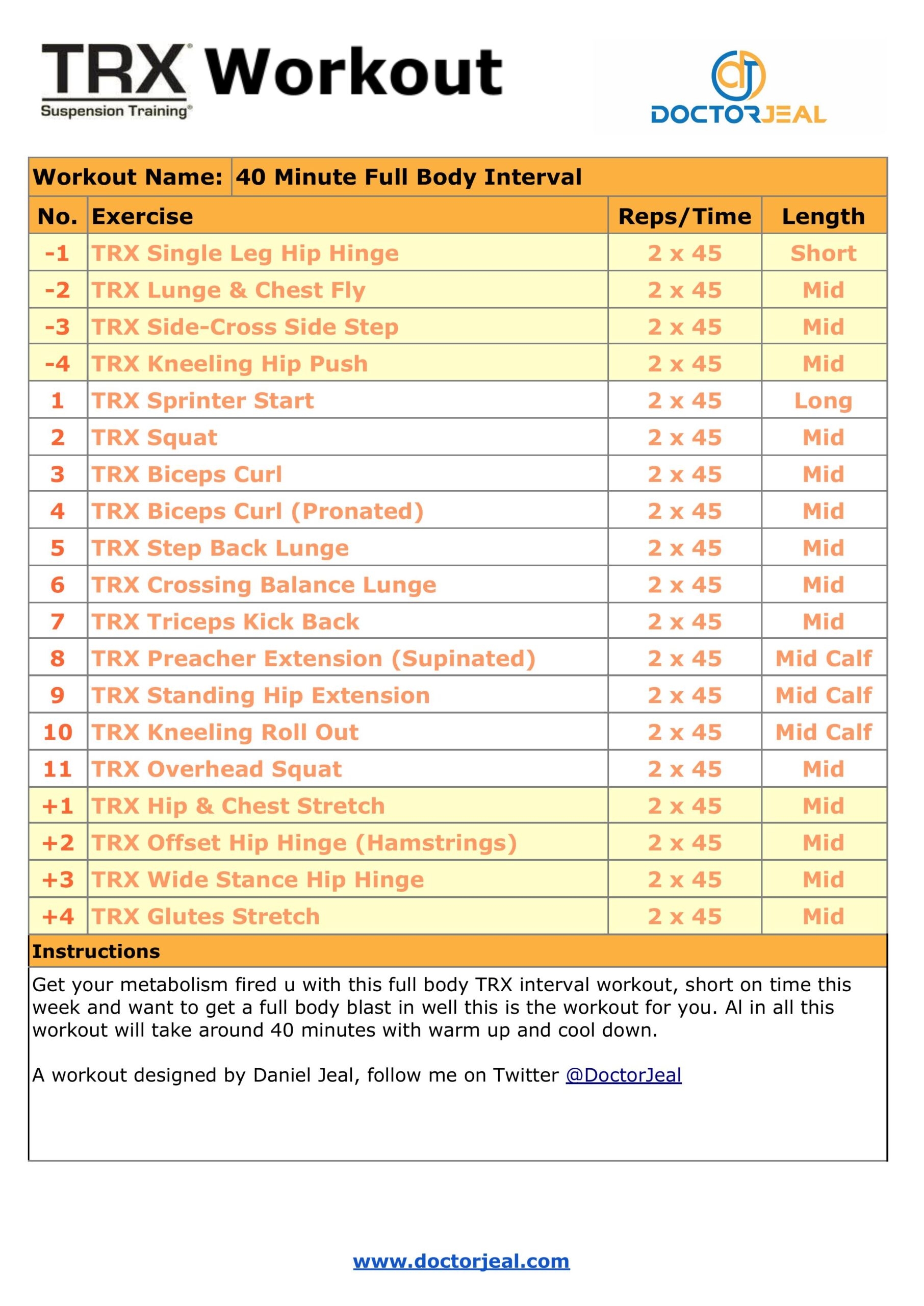 TRX 40 Minute Full Body Interval Workout Card PDF DoctorJeal