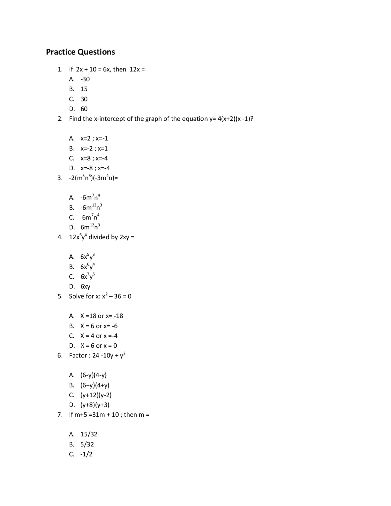 TSI Math Practice questions pdf Lecture Notes Calculus Docsity