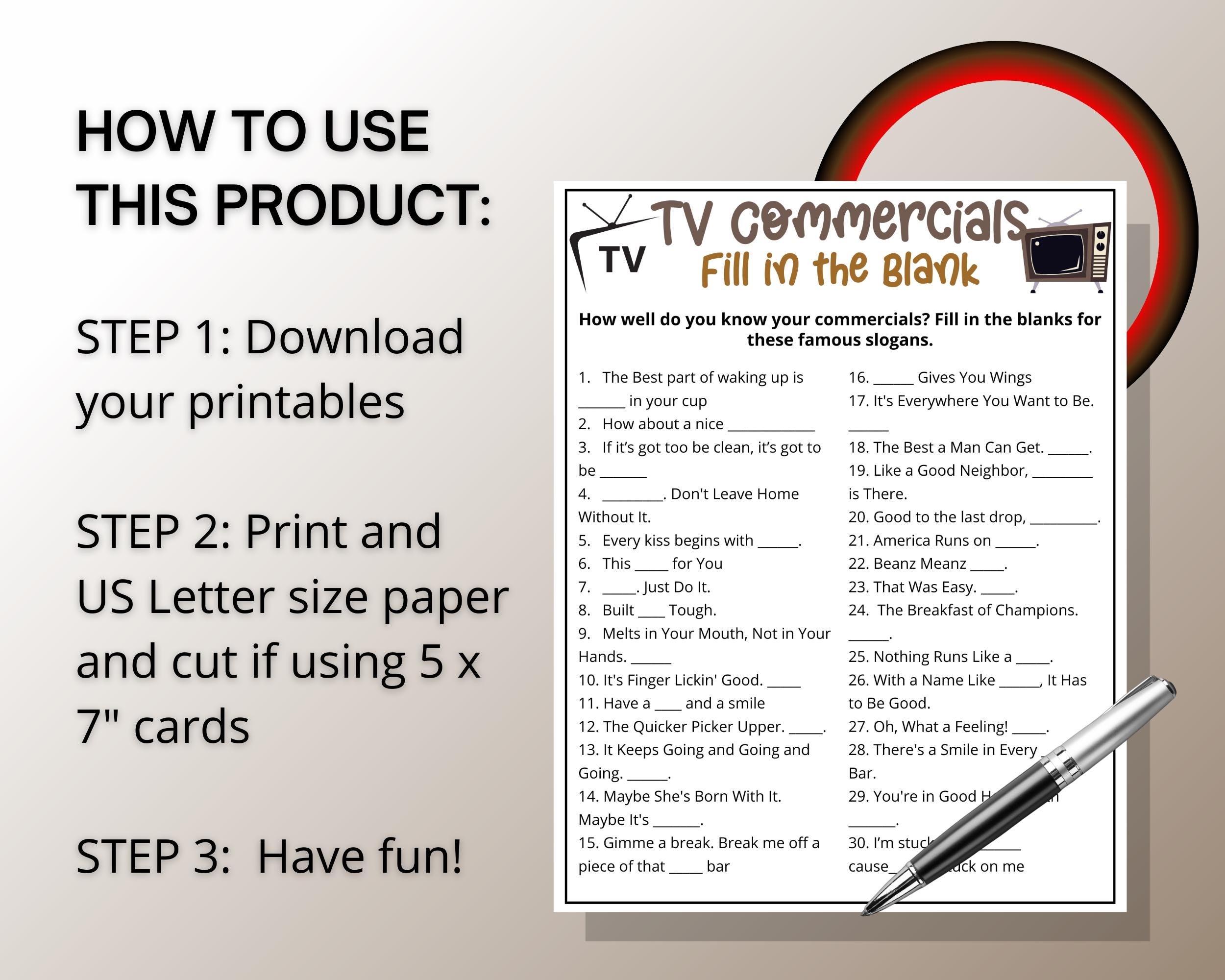 TV Commercial Trivia Game Ad Slogan Fill In The Blank Quiz 