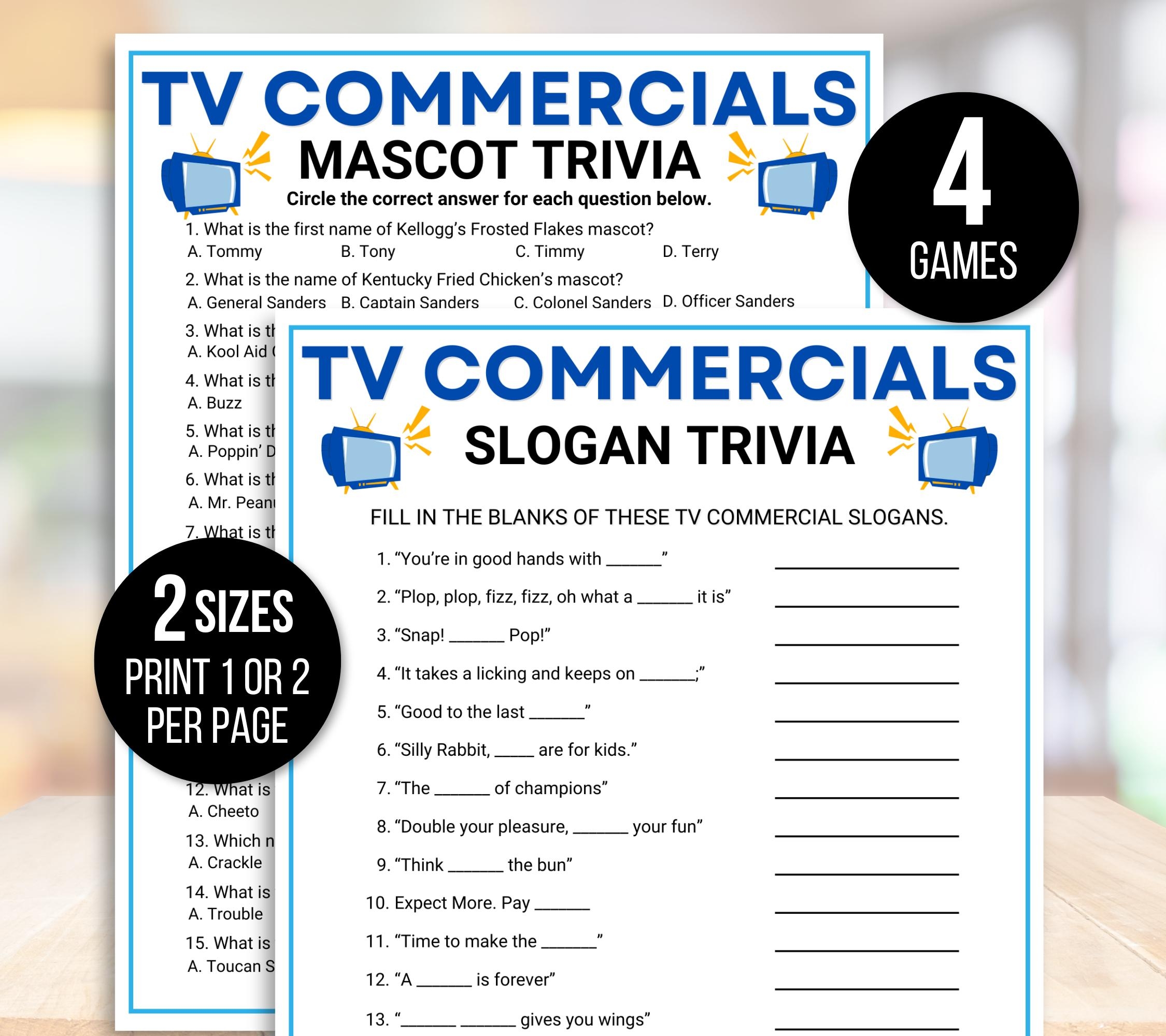TV Commercial Trivia Game TV Slogans Trivia Game TV Commercial Match Up Ads Trivia Game Television Game Night Game Office Party Game