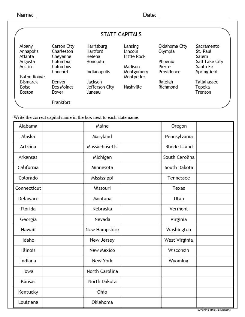 U S States U0026 Capitals Worksheets Test Sheets Maps U S 