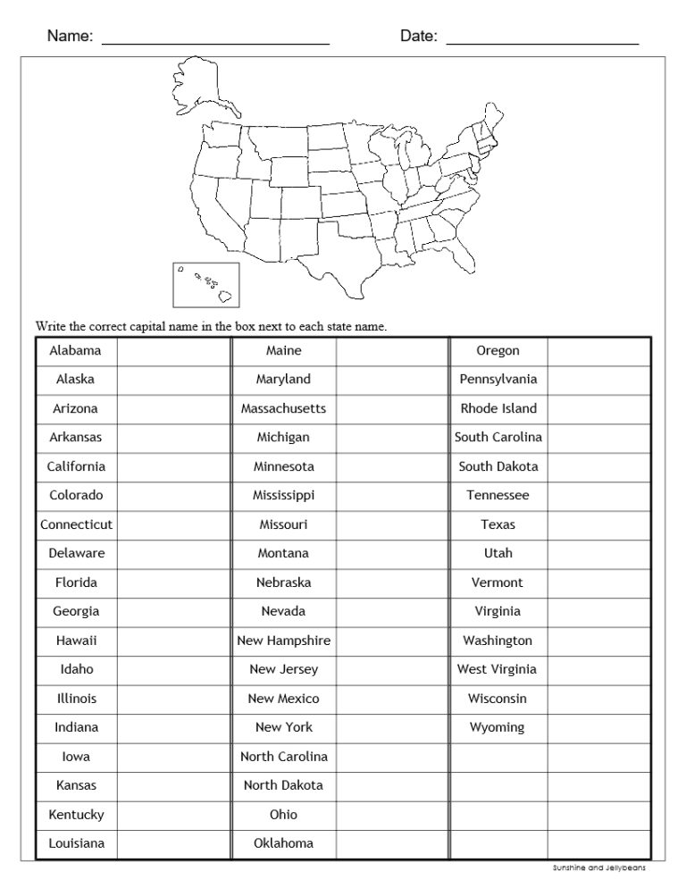 U S States U0026 Capitals Worksheets Test Sheets Maps U S 