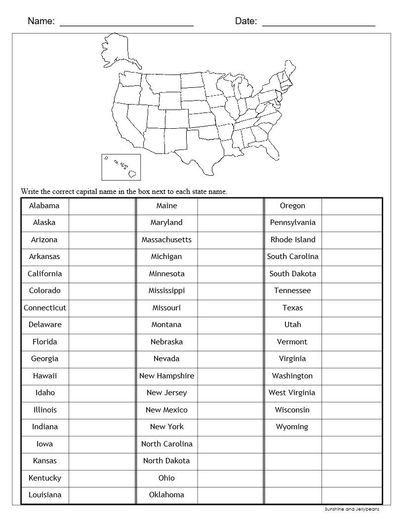U S States U0026 Capitals Worksheets Test Sheets Maps U S 
