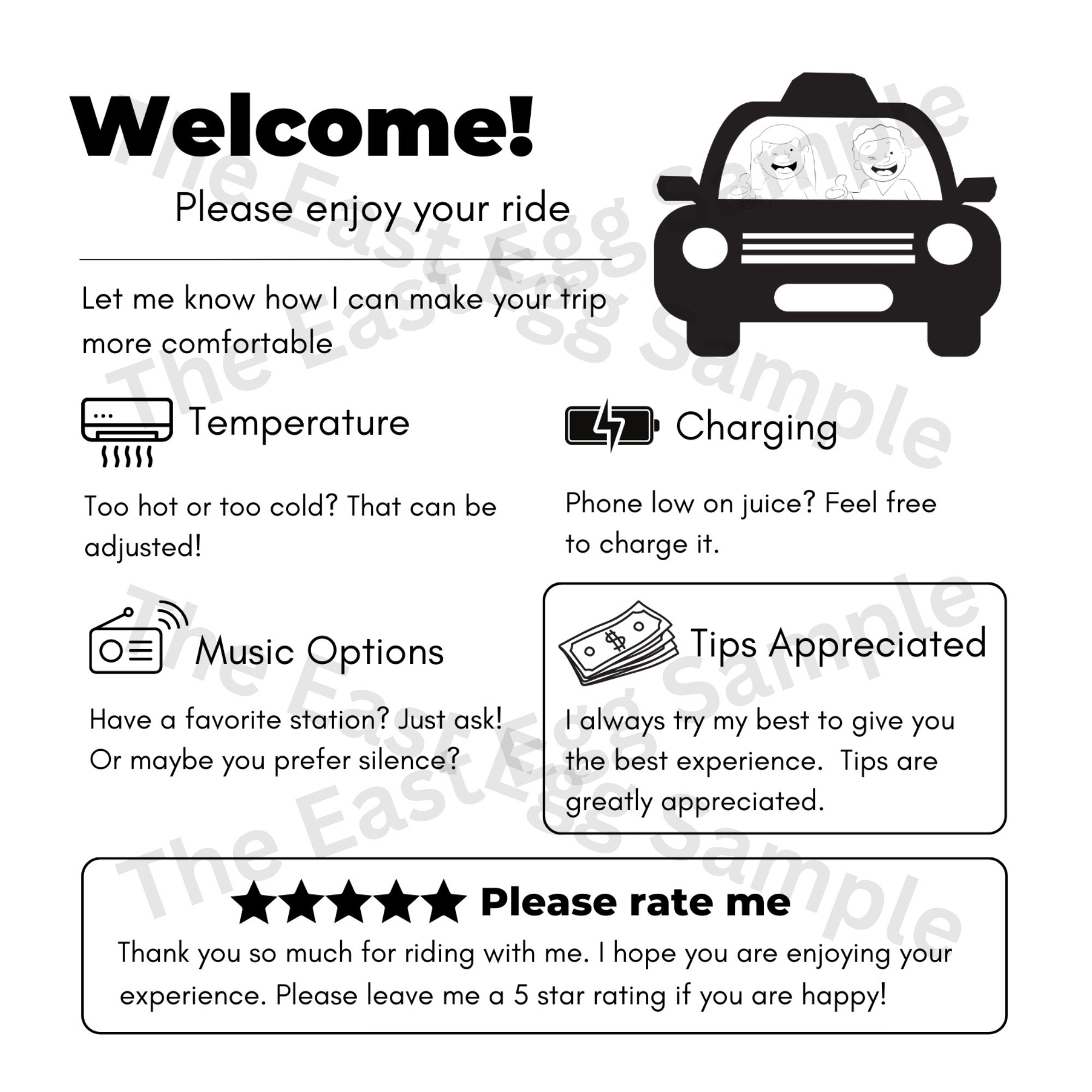Uber Lyft Taxi Rideshare Sign Printable Editable Sign Uber Tip 