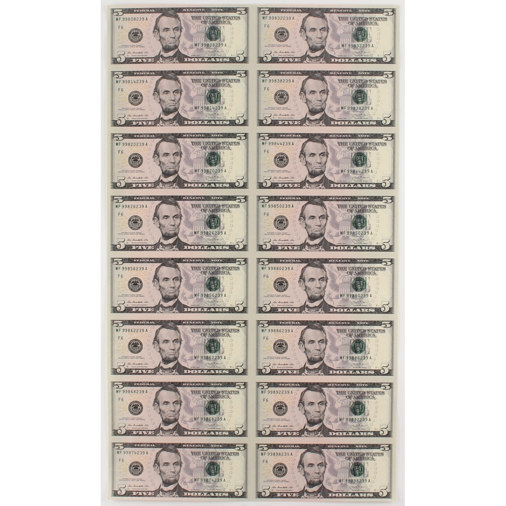 Uncut Sheet Of 16 2013 5 Bills Pristine Auction