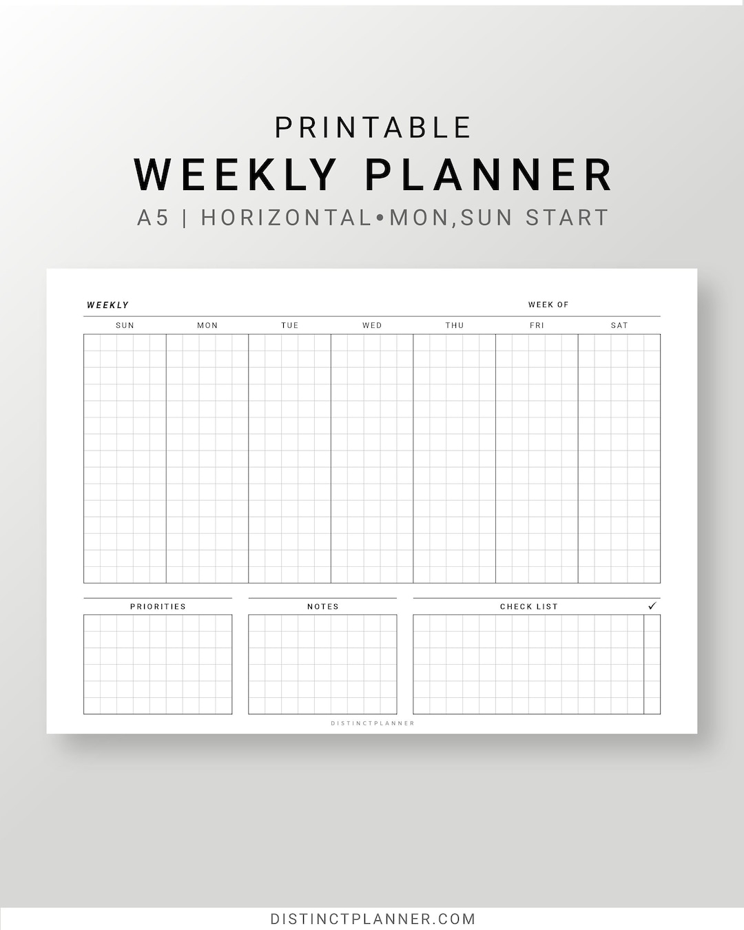 Undated Weekly Planner Printable A5 Horizontal Weekly Inserts Minimalist Weekly Journal Sun Mon Start Square Grid Digital Planner PDF Etsy