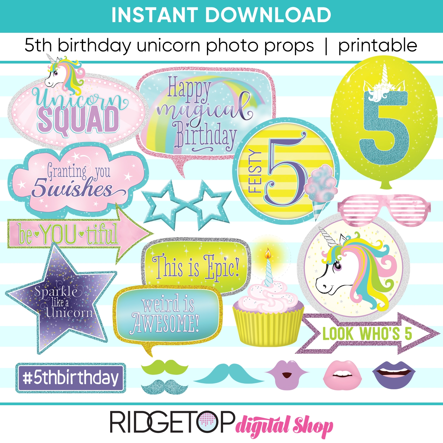 Unicorn 5th Birthday Photo Booth Props Ridgetop Digital Shop