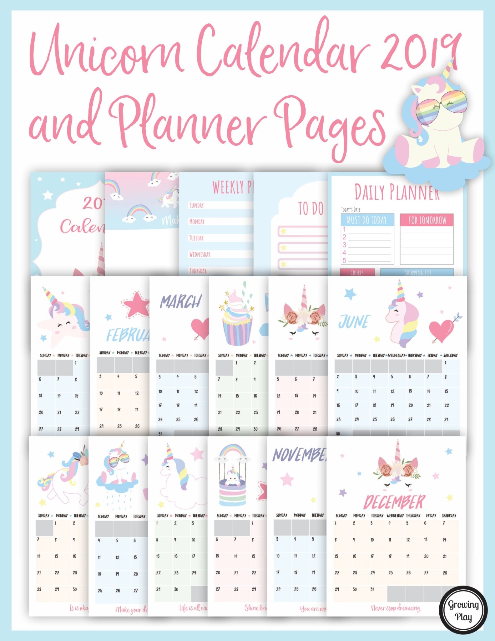 Unicorn Calendar 2019 And Unicorn Planner Pages Growing Play