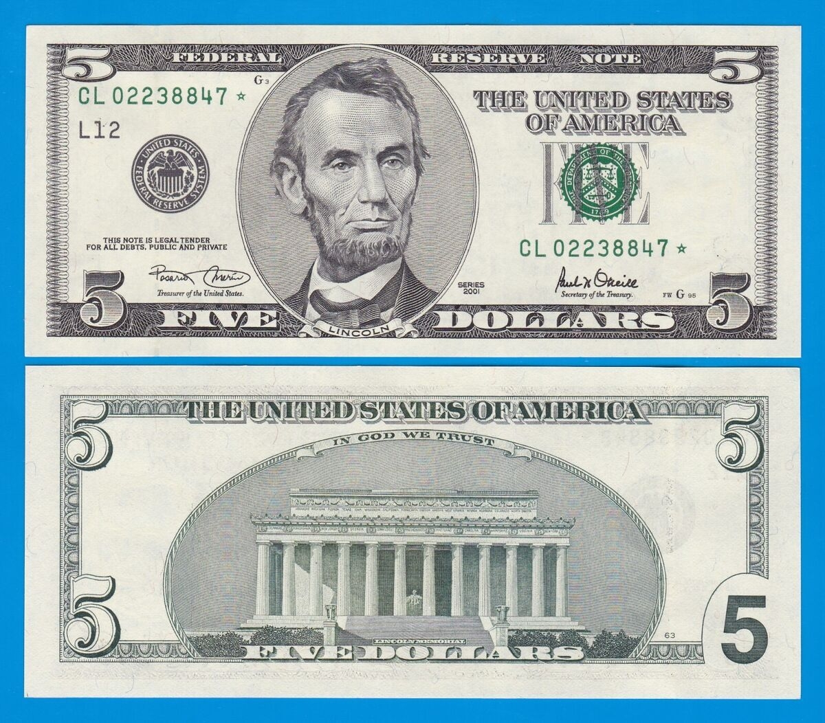 United States 5 Dollars 2001 UNC STAR Replacement L San Francisco FR 1988L Star EBay