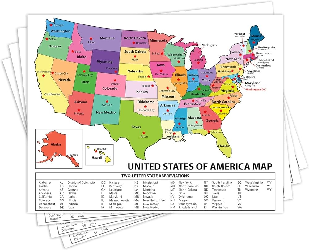 United States Map USA Poster US Educational Map With State Worksheets Library