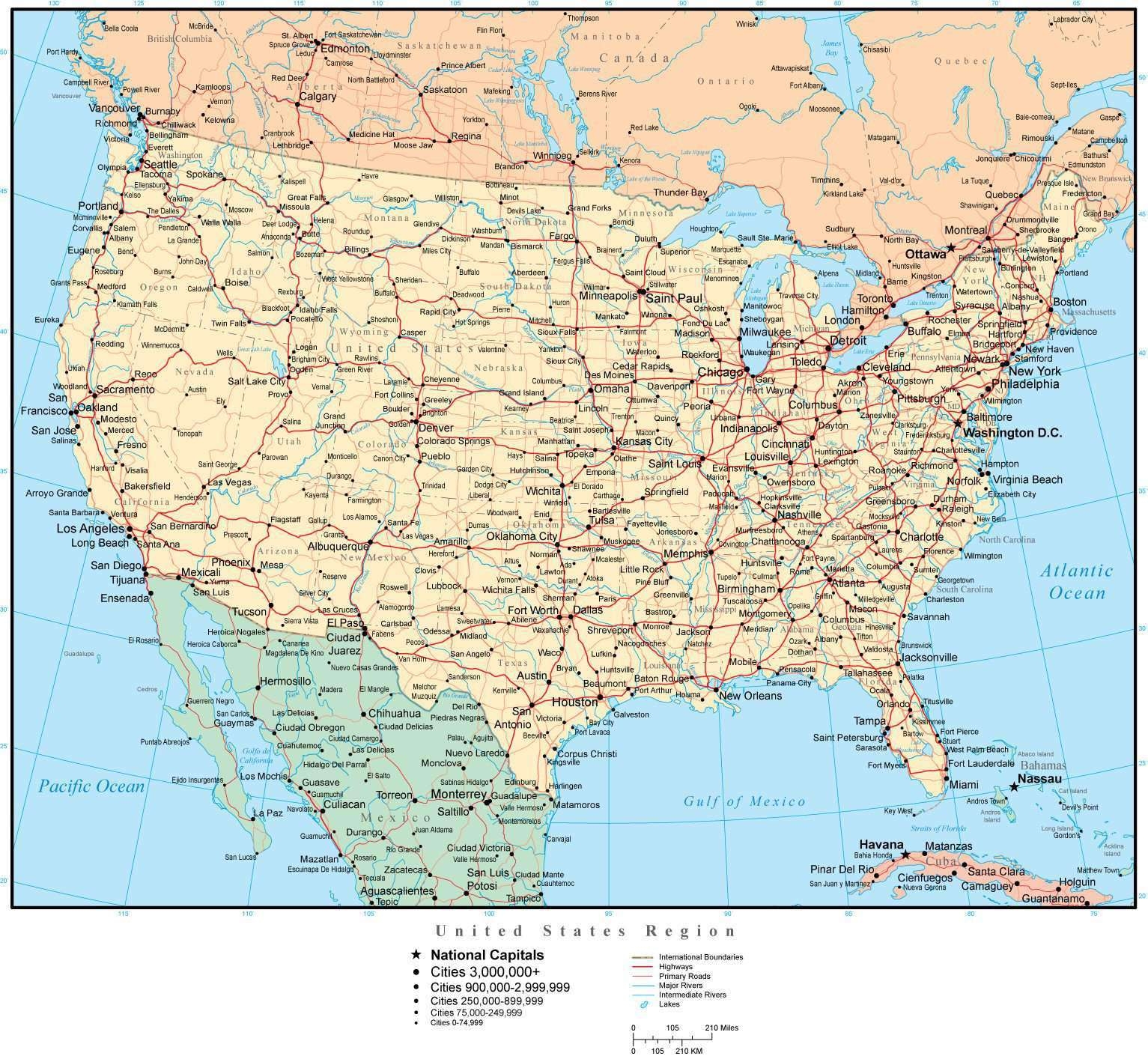 map of united states with cities printable