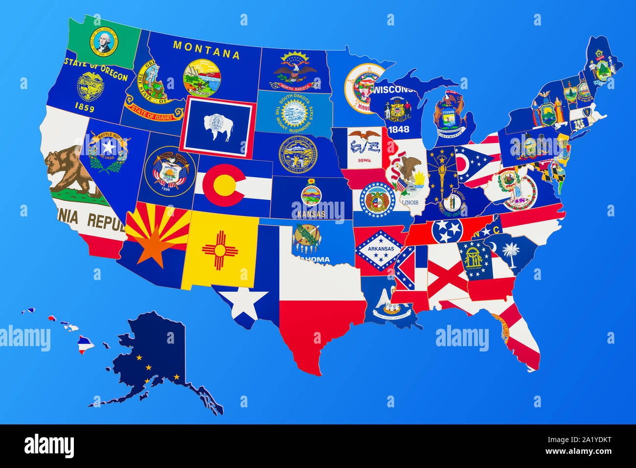 United States Of America Map With State Flags 3D Rendering 