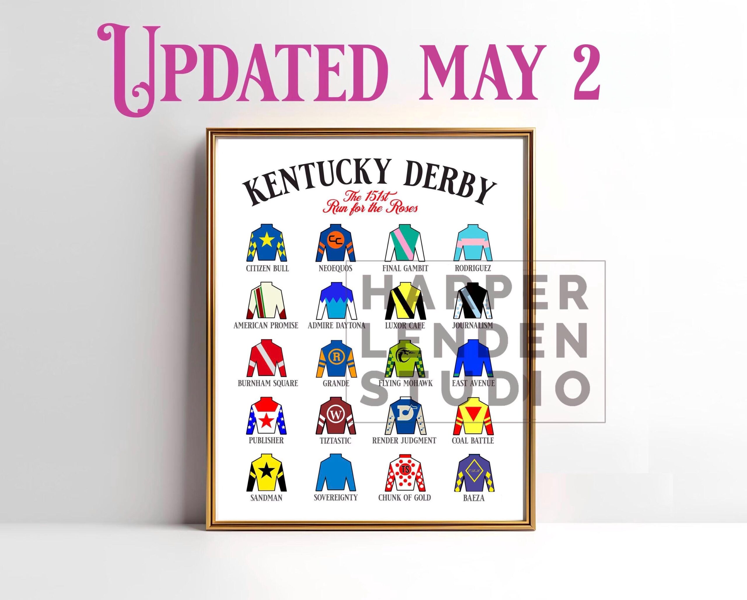 UPDATED 05 02 2025 Kentucky Derby 151 Leaderboard Horse Contenders Printable Jockey Silk Horse Roster Digital Download Wall Art Party Decor Etsy