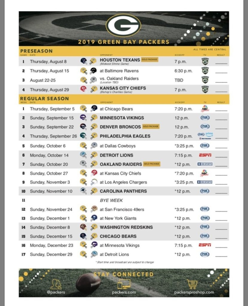 Updated A Look Ahead At The 2019 Packers Schedule