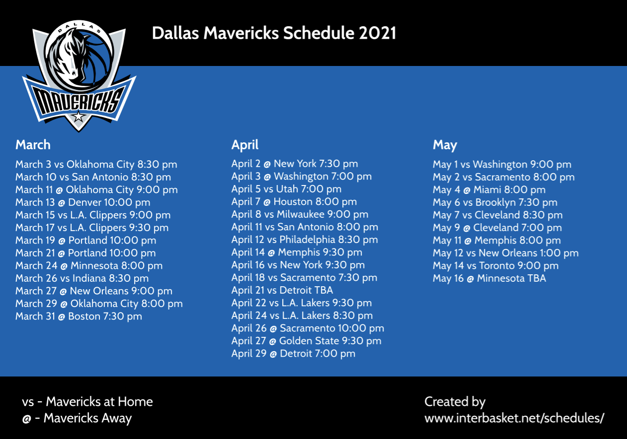 Updated Printable Dallas Mavericks Schedule TV Schedule For 2021 