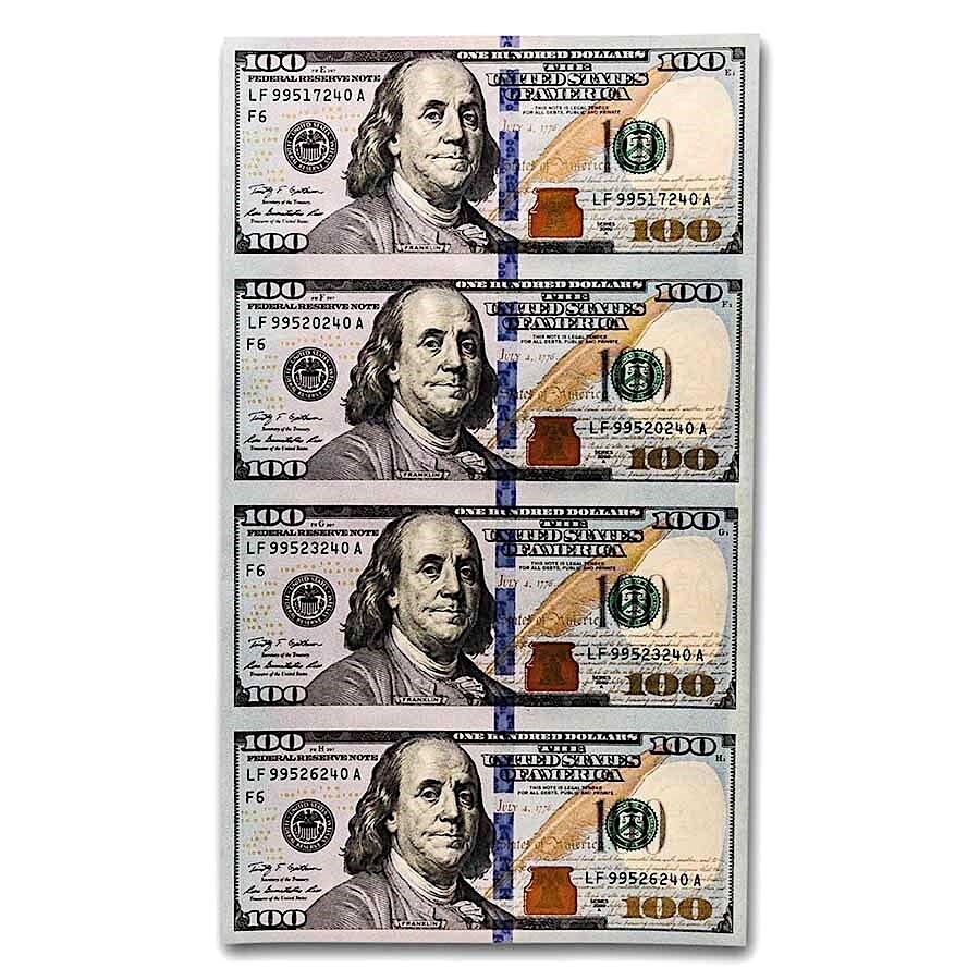 US 100 Dollar Bill Four Note Sheet Uncut Currency 2009 UNC