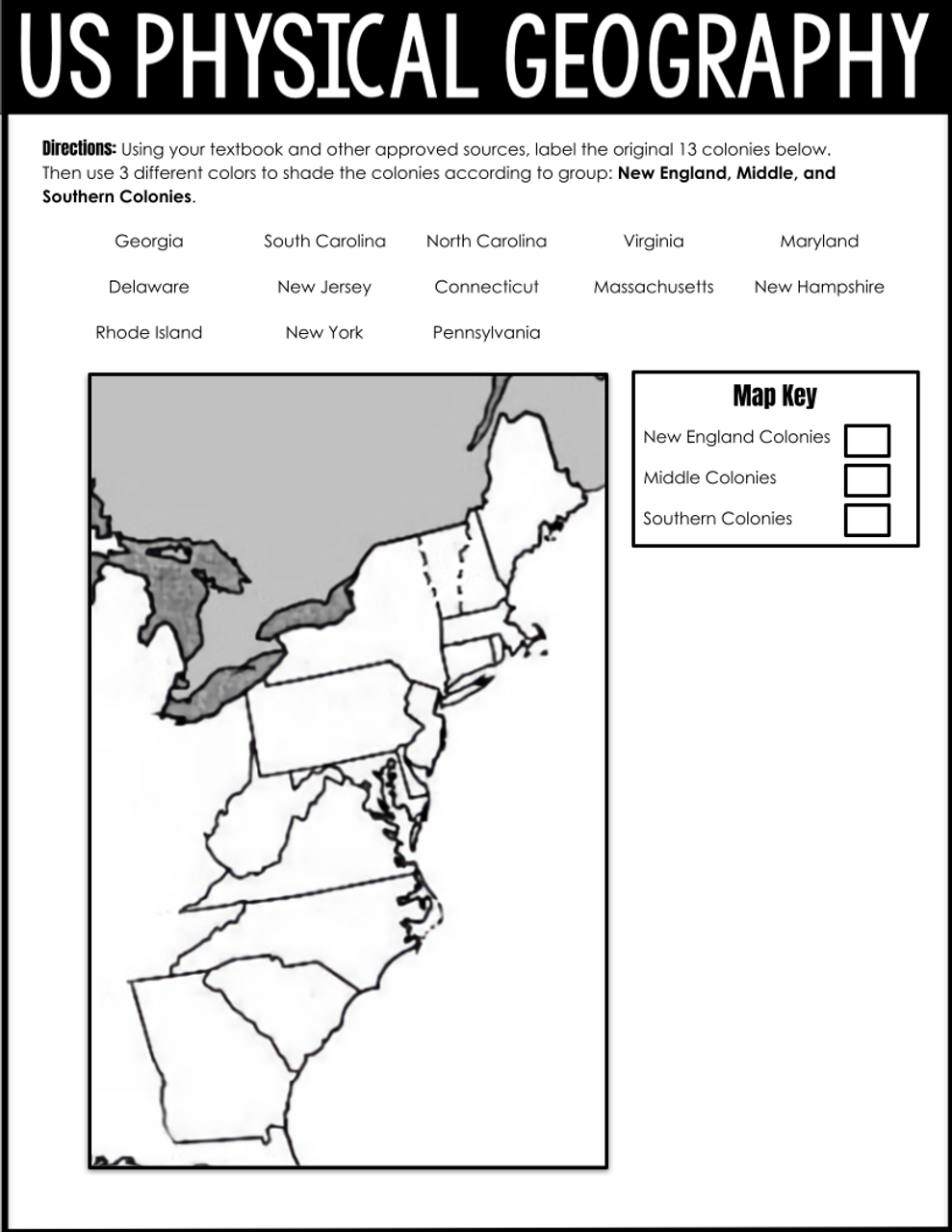 US Physical Geography U0026 13 Colonies Map FREE Amped Up Learning Worksheets Library