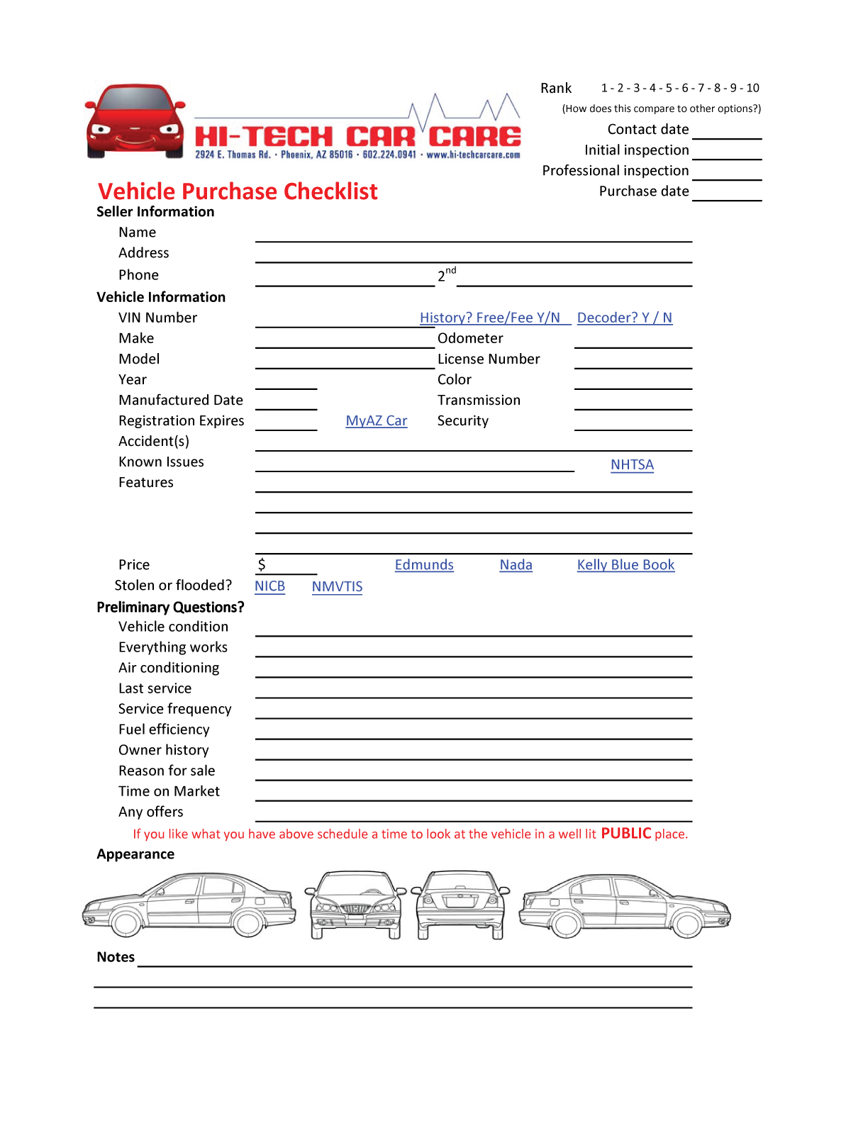 Used Vehicle Inspection Form Hi Tech Car Care Phoenix Arizona