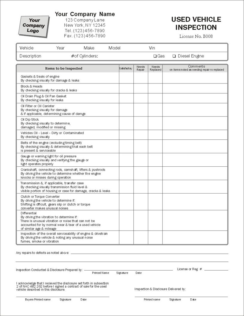 Used Vehicle Inspection Form Item 7802 Condition Report Forms Automobile Forms Standard Forms