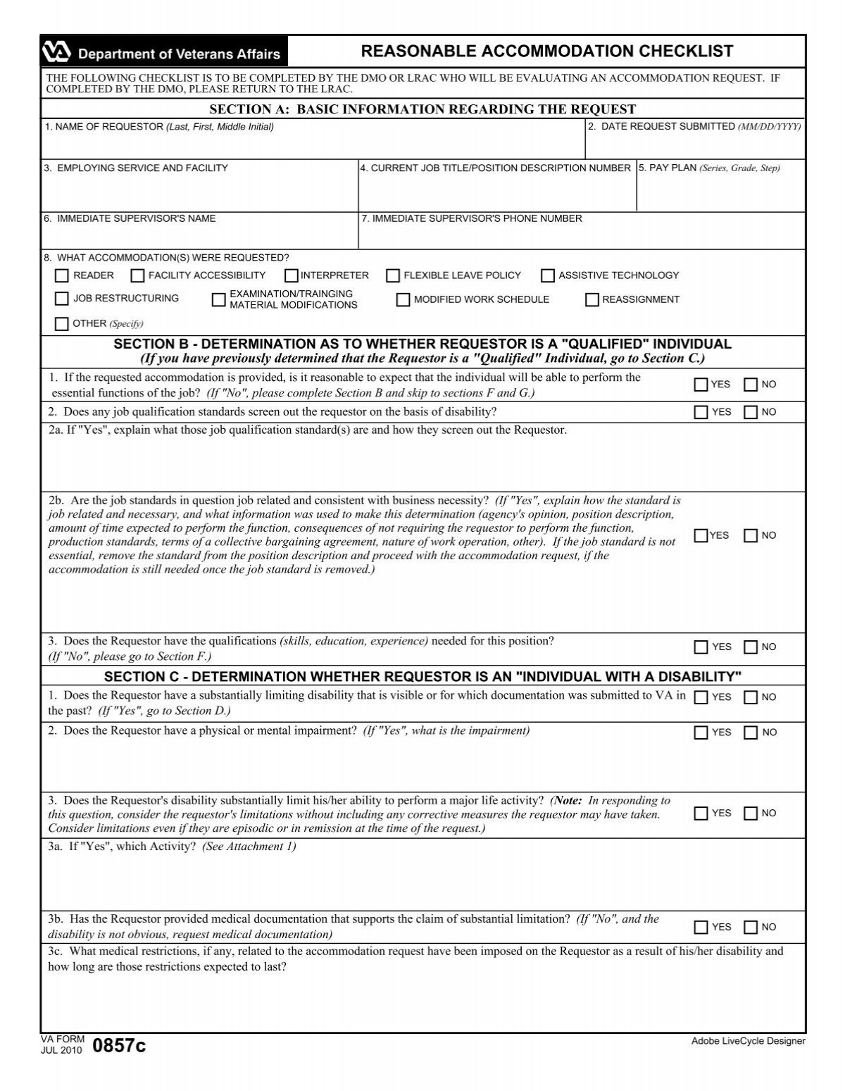 VA Form 0857c Reasonable Accommodation Checklist
