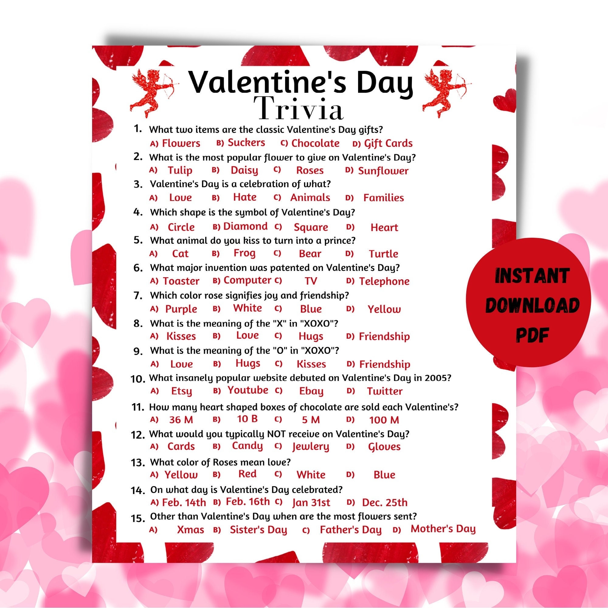 Valentine s Day Printable Trivia Game Valentine s Day Instant 
