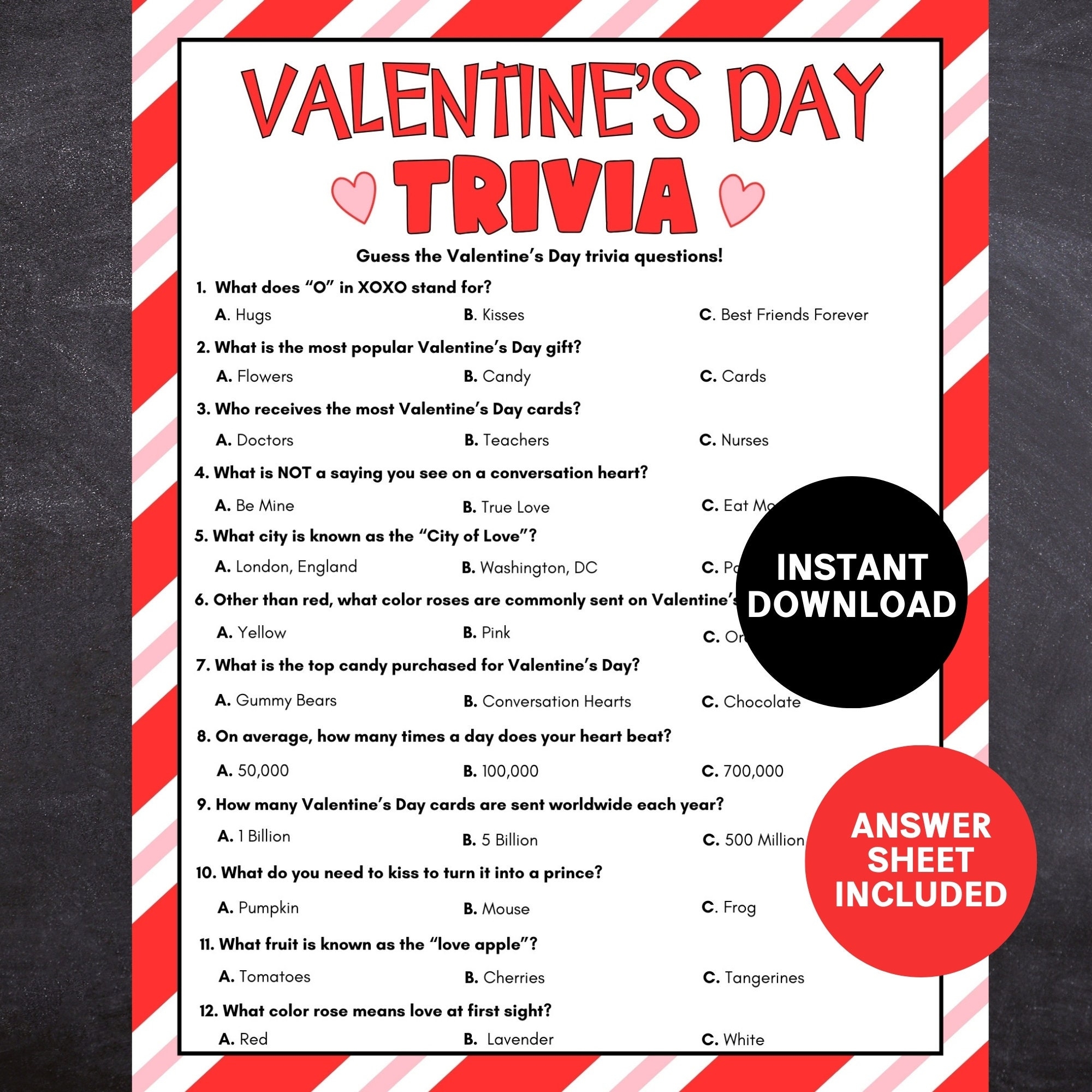 Valentine s Day Trivia Game Printable Valentine s Party Game 