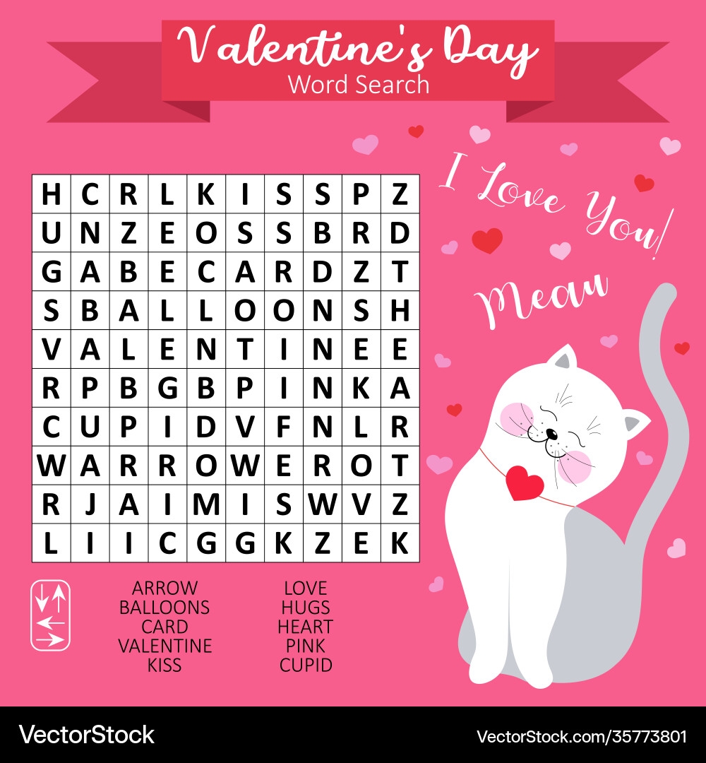 Valentines Day Word Search Puzzle For Kids Vector Image