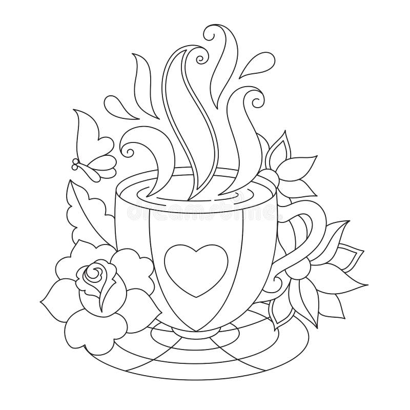 Vector Coffee Or Tea Cup Coloring Pages Stock Vector Illustration Of Flower Coloring 80740871