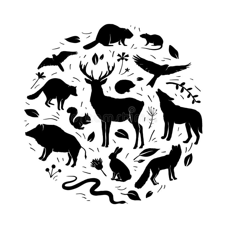 Vector Forest Animals Collection In Circle Frame Flat Animals Silhouettes In Black Color Black Silhouettes Animals Isolated On Stock Vector Illustration Of Herb Nature 194491025