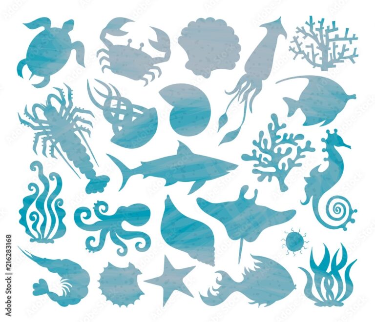 Vector Set Of Silhouettes Of Sea Animals Stencil Marine Life Undersea World Stock Vector Adobe Stock