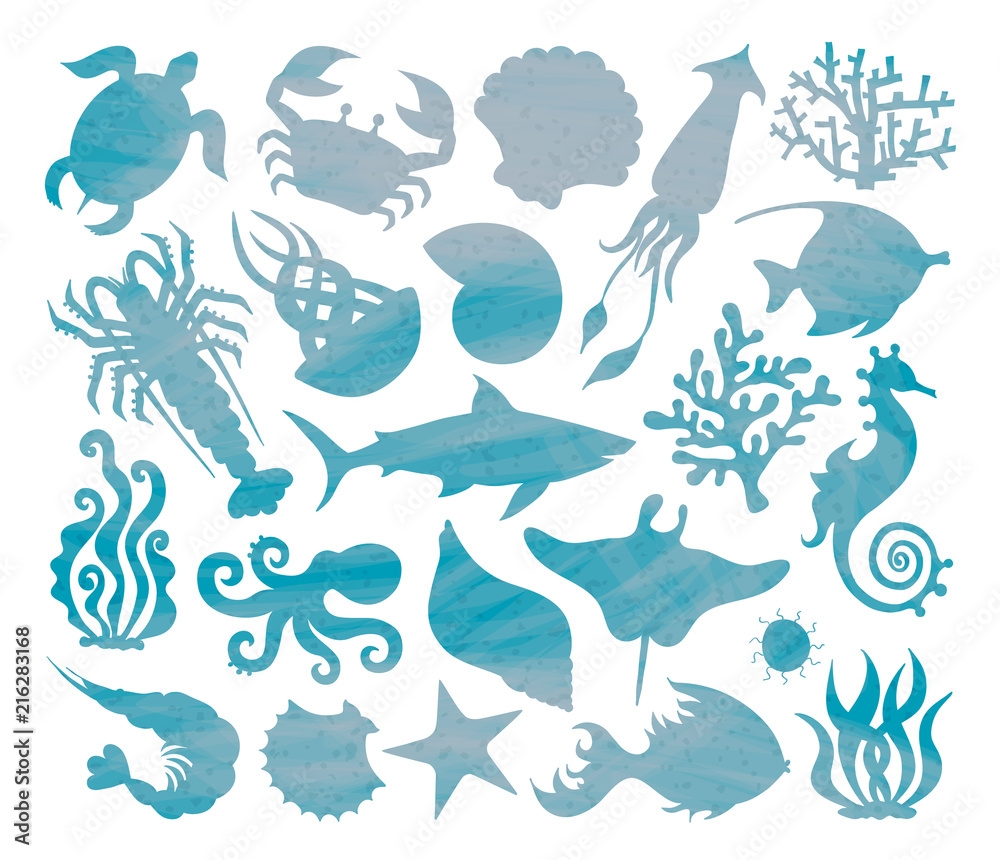 Vector Set Of Silhouettes Of Sea Animals Stencil Marine Life Undersea World Stock Vector Adobe Stock