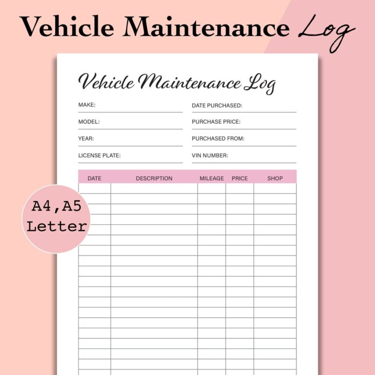Vehicle Maintenance Log Car Maintenance Log Printable Auto Repairs Tracker Auto Maintenance Log Template A5 A4 Letter PDF Download Etsy