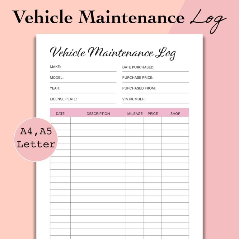 Vehicle Maintenance Log Car Maintenance Log Printable Auto Repairs Tracker Auto Maintenance Log Template A5 A4 Letter PDF Download Etsy