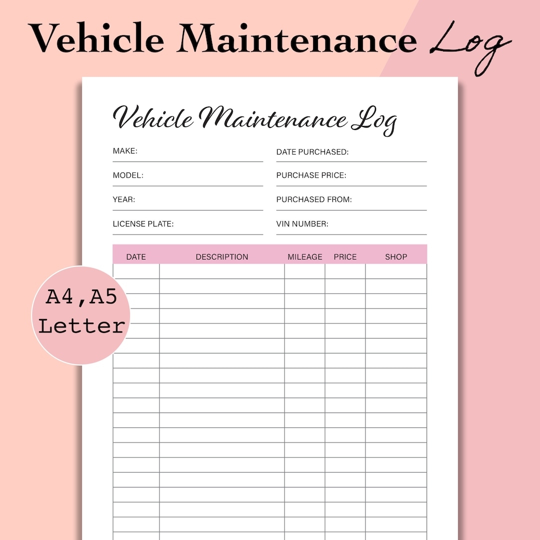 Vehicle Maintenance Log Car Maintenance Log Printable Auto Repairs Tracker Auto Maintenance Log Template A5 A4 Letter PDF Download Etsy