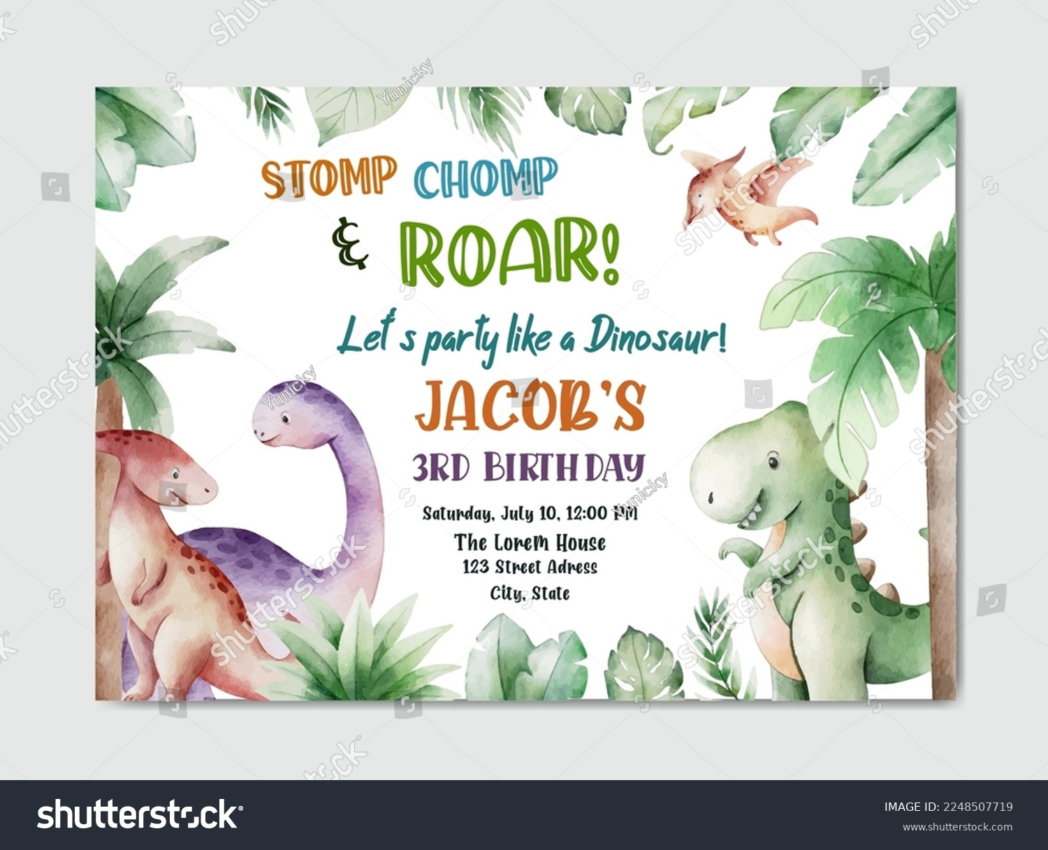 Vektor Stok Birthday Dinosaur Theme Watercolor Invitation Card Tanpa Royalti 2248507719 Shutterstock