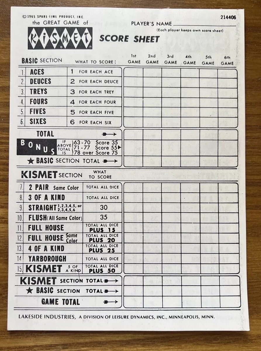 Vintage Kismet Dice Game 1964 Score Cards 10 Pages Front And Back EBay UK
