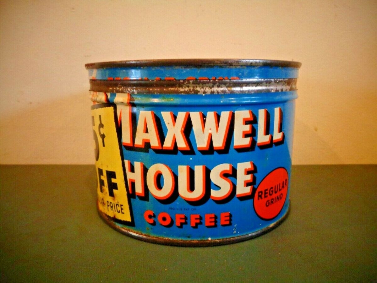 VINTAGE MAXWELL HOUSE COFFEE TIN KEY WIND 1 POUND CAN WITH LID 5 