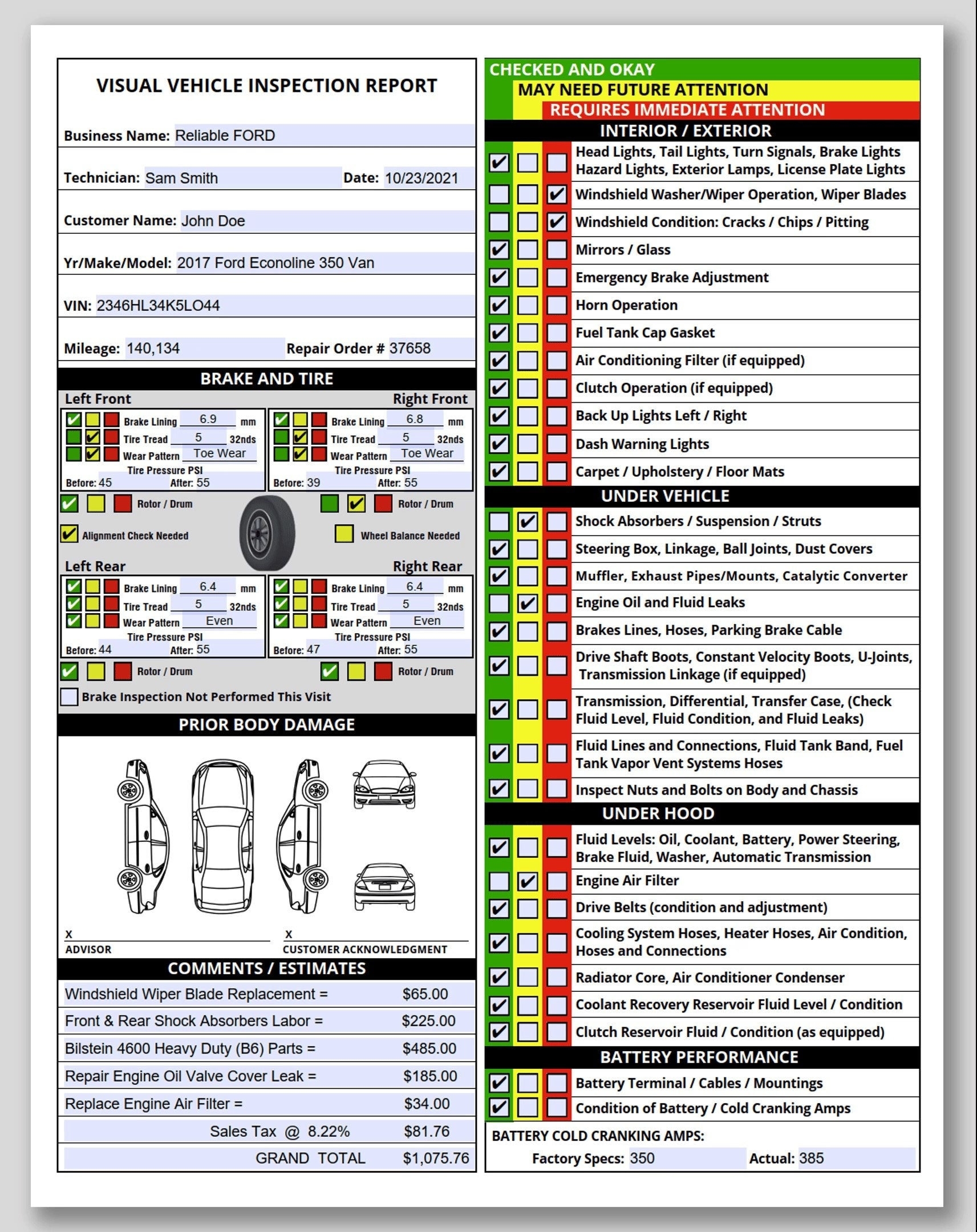 Visual Vehicle Inspection Report Fillable PDF Multi point 