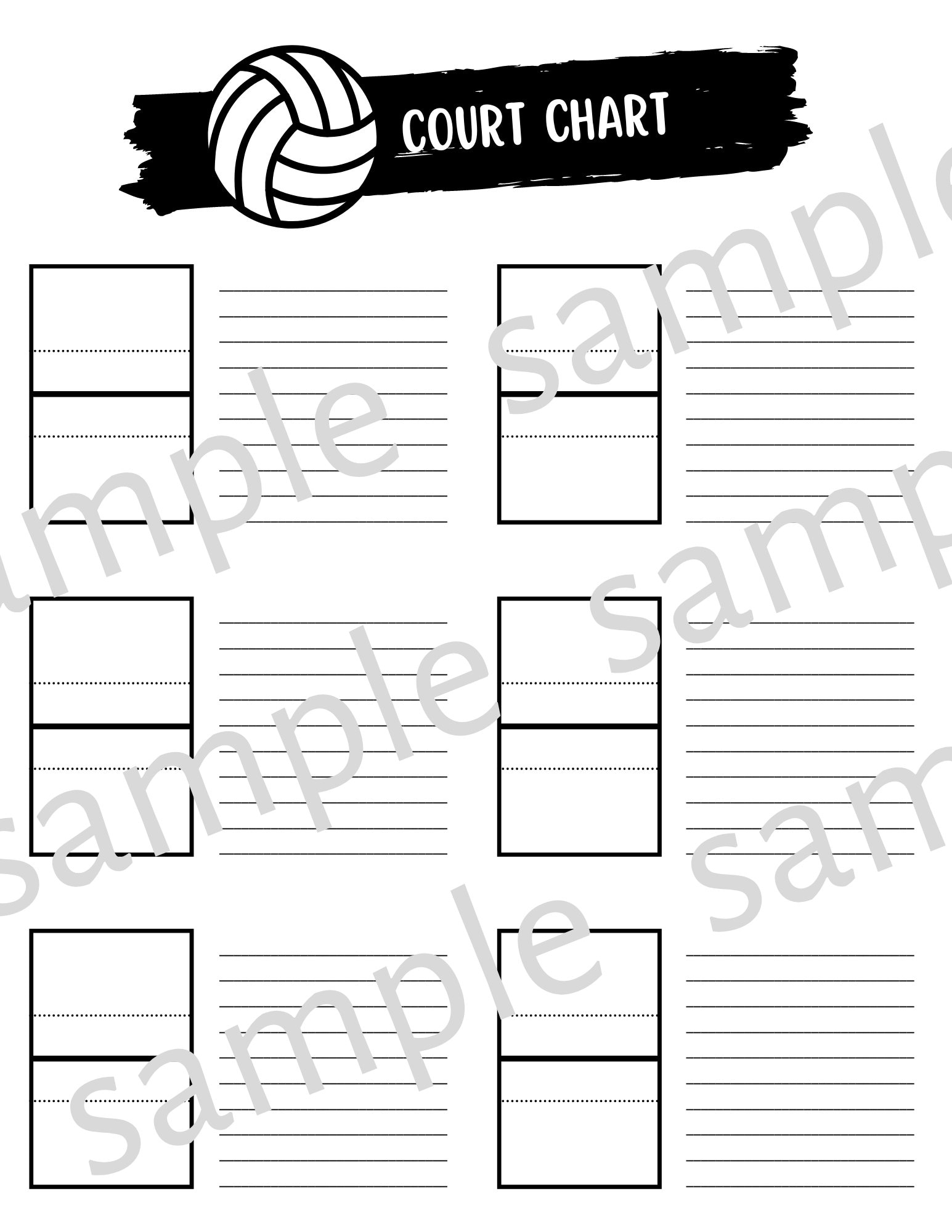 Volleyball 6 Court Chart For Coaches 8 5x11 Digital Download set 