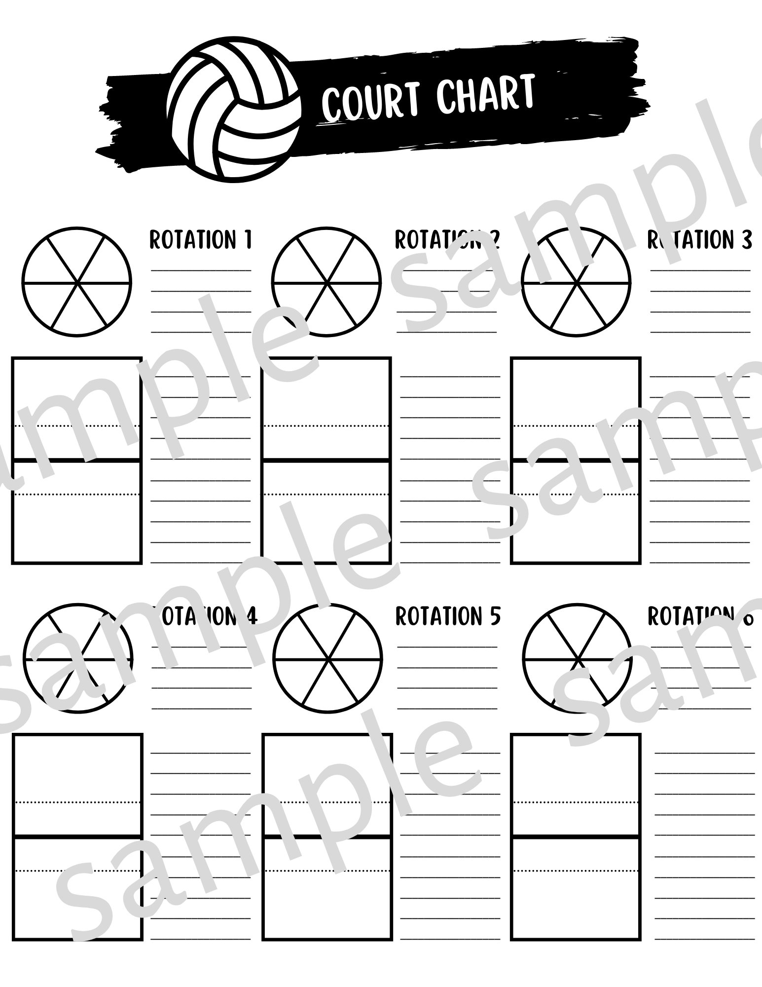 Volleyball 6 Court Chart For Coaches 8 5x11 Digital Download set 