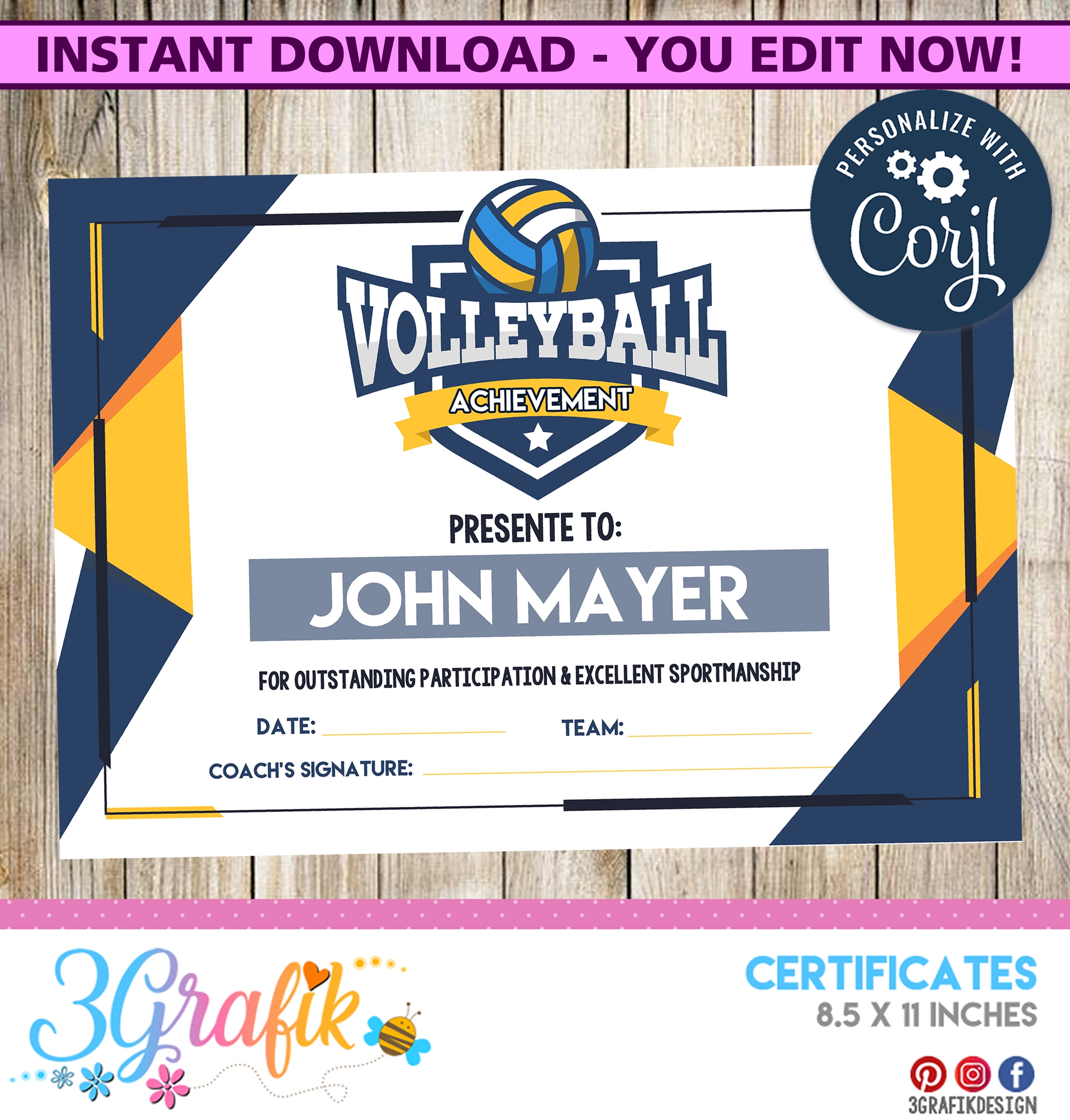 Volleyball Digital Template Certificate