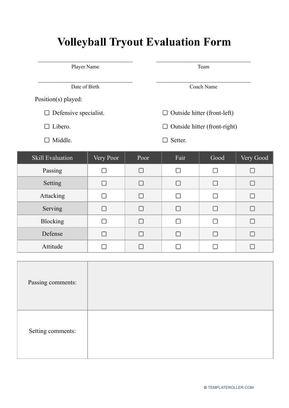 Volleyball Tryout Evaluation Form Fill Out Sign Online And 