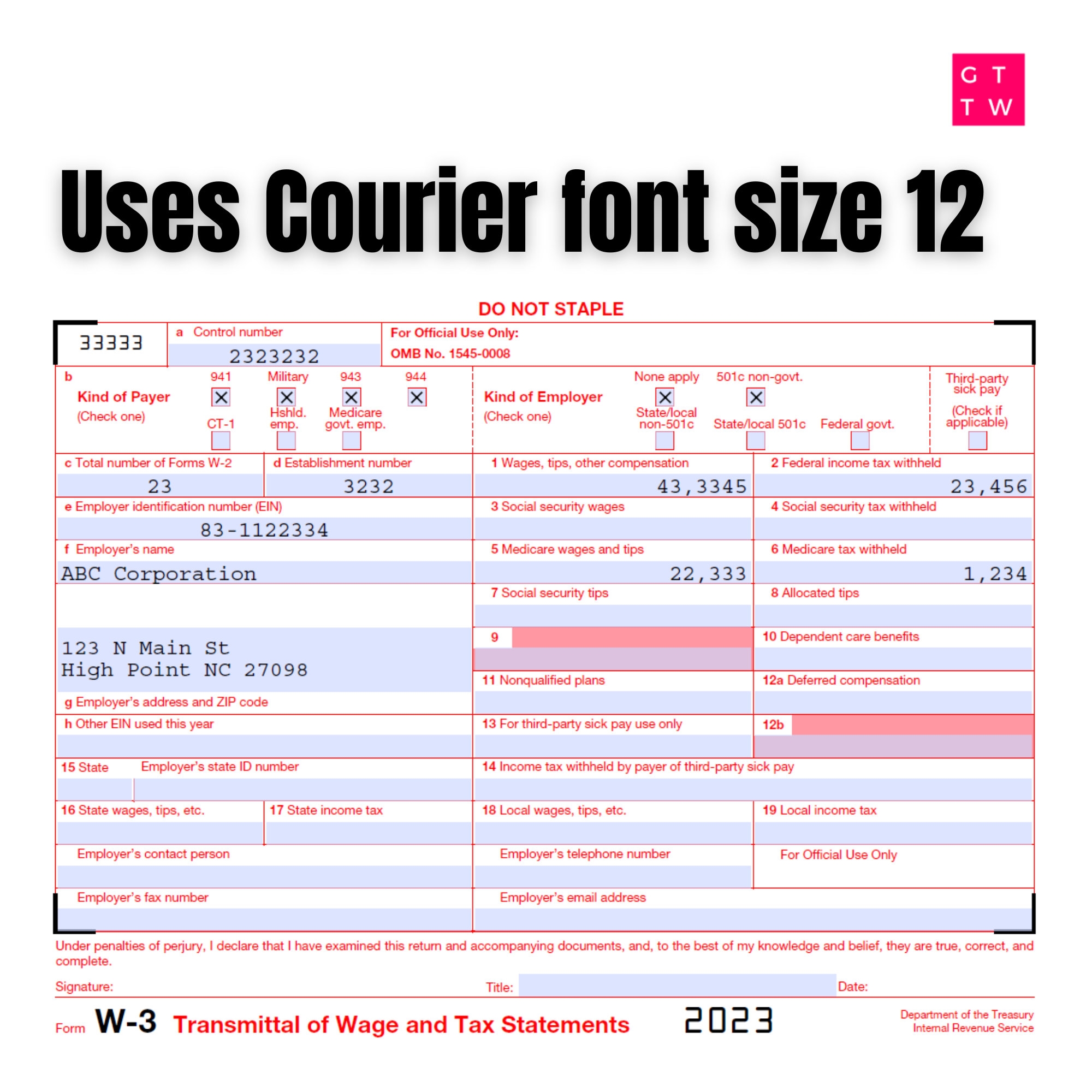 W3 Form IRS 2023 Fillable PDF Etsy