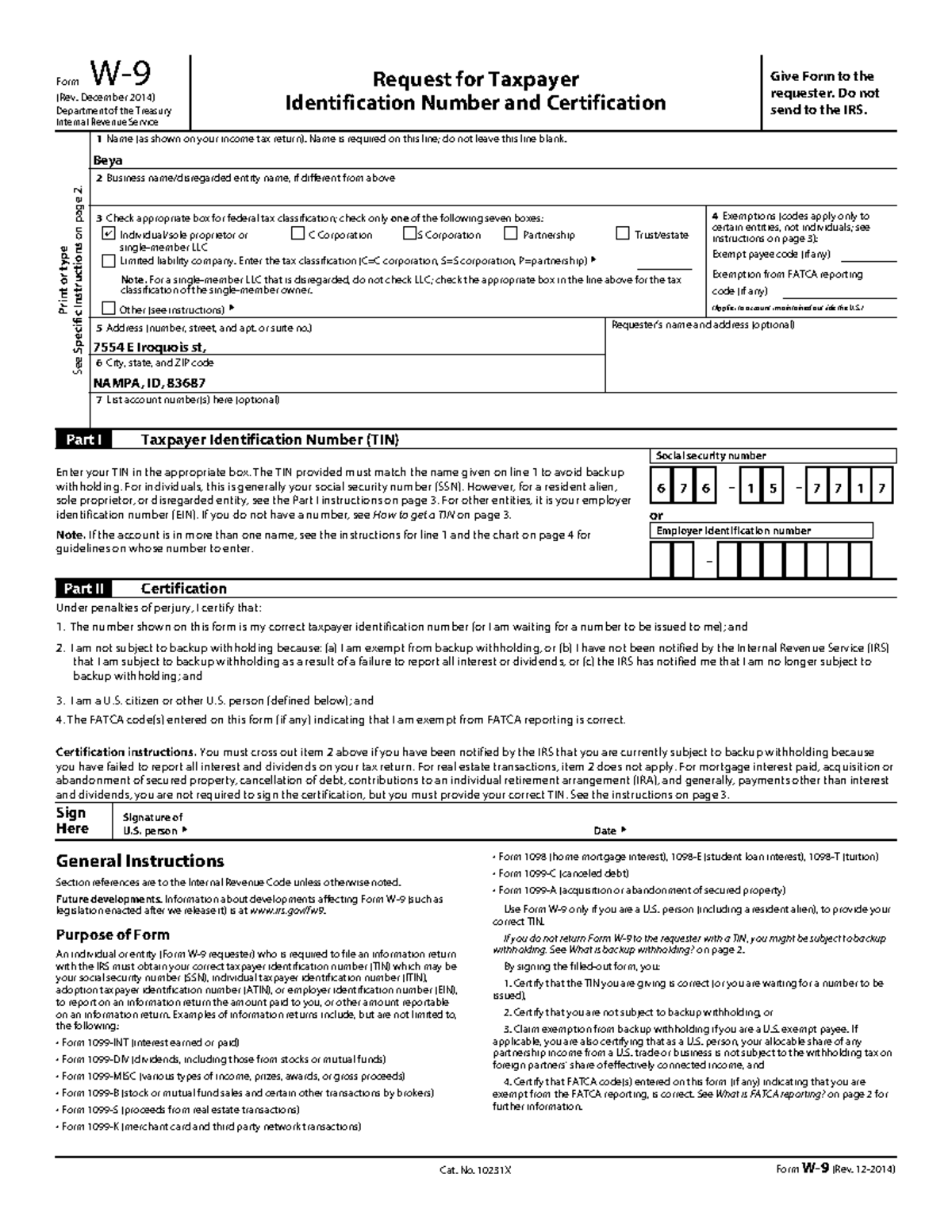 W9 Everything Needed Form W Rev December 2014 Department Of The Treasury Internal Revenue Studocu