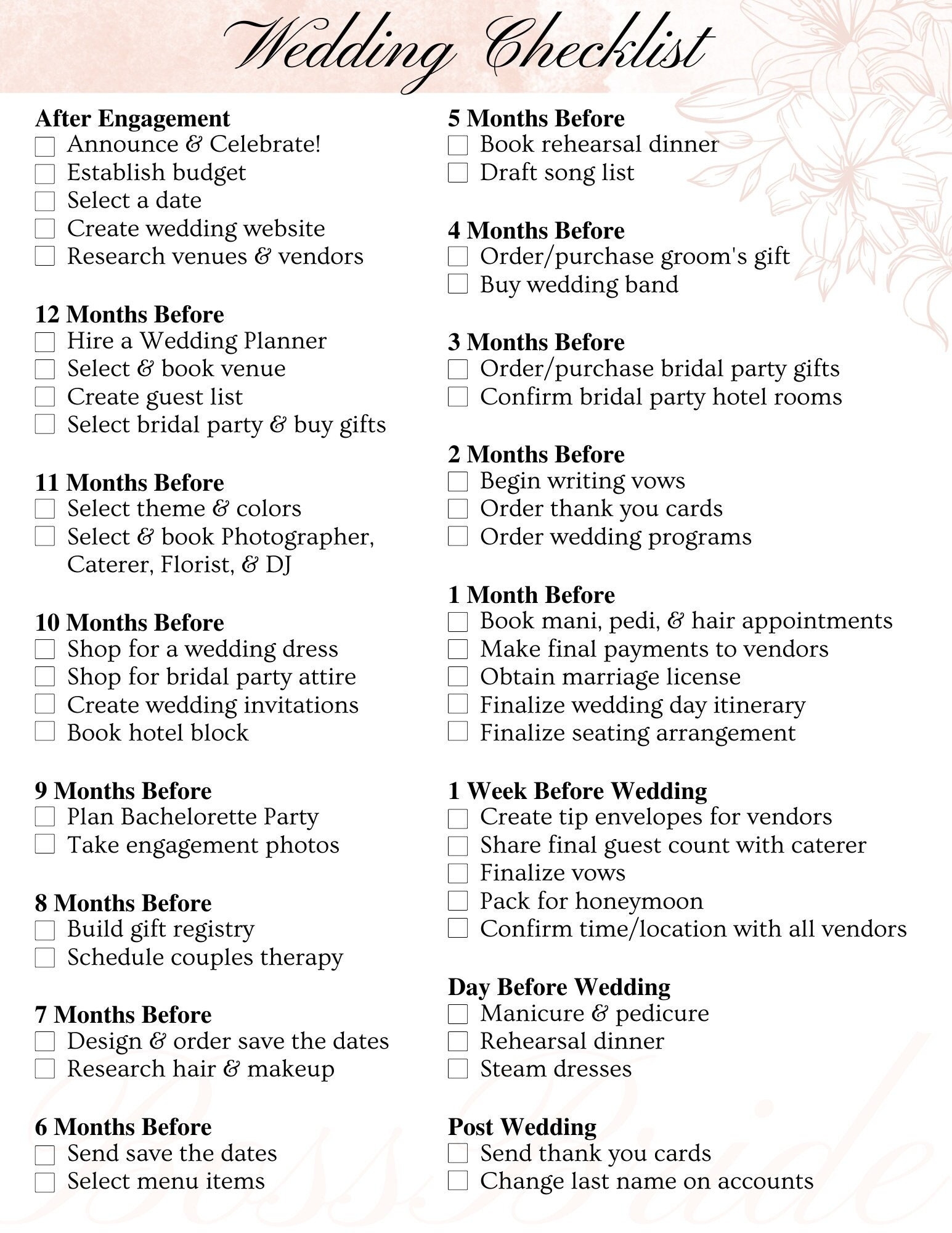 Wedding Checklist Editable Printable Instant Download Wedding Worksheets Library